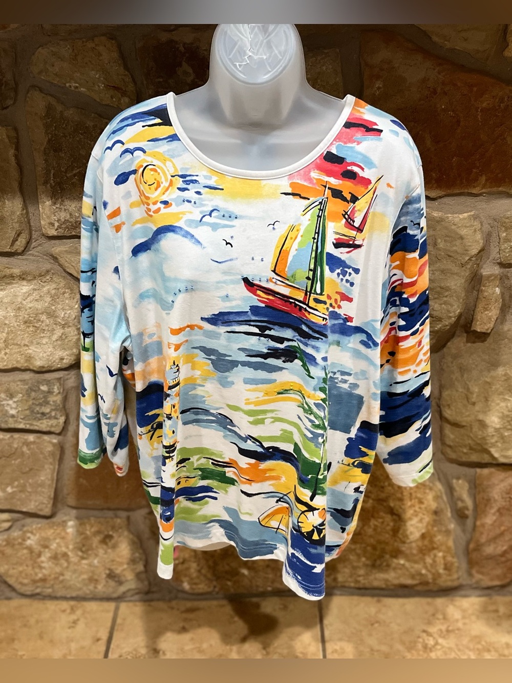 Artsy Vintage Nautical Napa Valley Ocean & Sailboats Knit Blouse Beading Detail